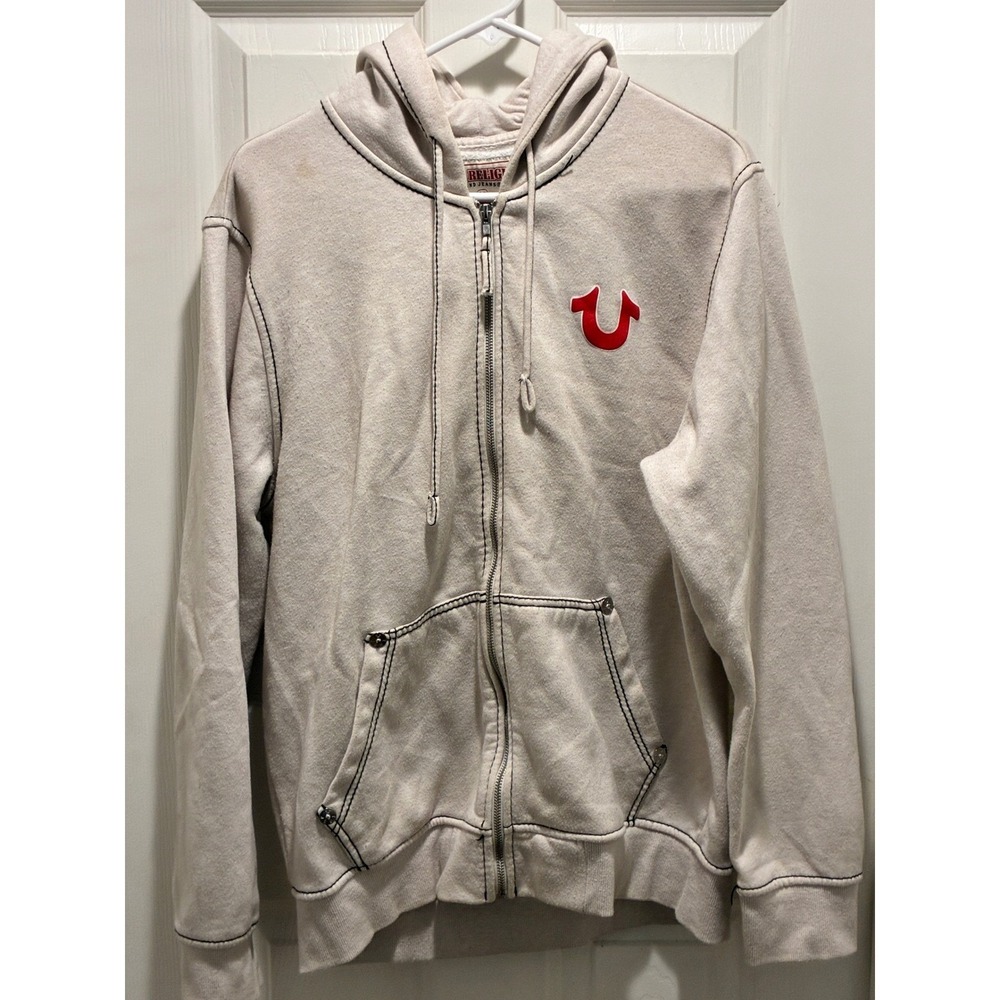 True Religion World Tour Zip Up Hoodie Mens Large Cream Red Buddha Logo Stitch